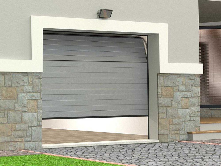 Vente-unique Garagedeur | Sectionale Garagedeur Grijs Gegroefd Effect Met Motor - Noria