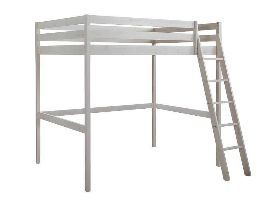 Vente-unique Kinderbed Hoogslaper | Hoogslaper Gedeon Ii - 140 X 190 Cm - Massief Grenen - Gebleekt + Matras