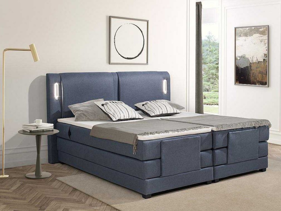 Palacio Elektrisch Relaxatiebed | Set Boxspring + Hoofdbord Met Ledlampjes + Elektrische Relaxbedbodems + Matras + Topmatras - 2 X 90 X 200 Cm - Blauwe Stof - Astemi Van Palacio