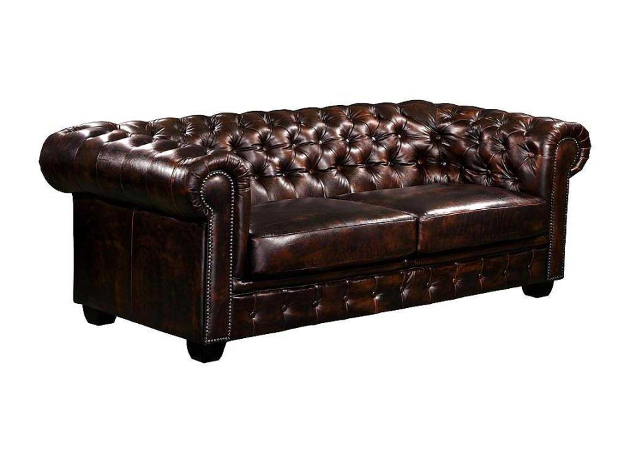 LINEA SOFA Chesterfield Zitbank | Driezitsbank Chesterfield Brenton 100% Buffelleer - Bruin Tinten