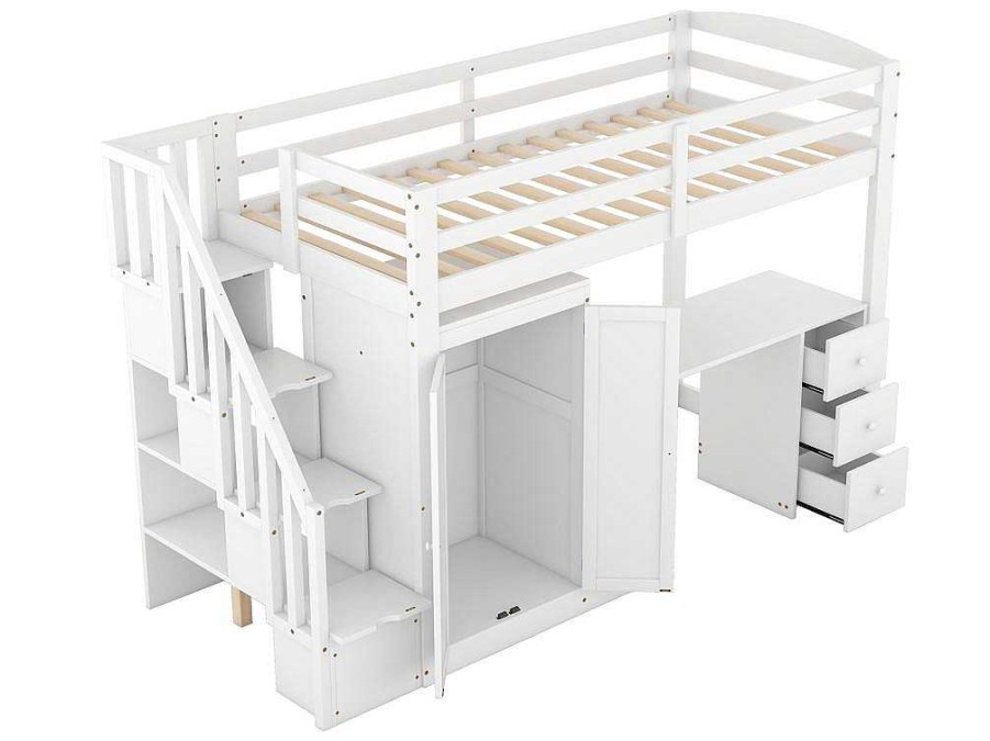 Vente-unique Kinderbed Hoogslaper | Mezzaninebed 90 X 200 Met Kledingkast En Trap, Bureau En Lades - Grenen + Mdf - Wit