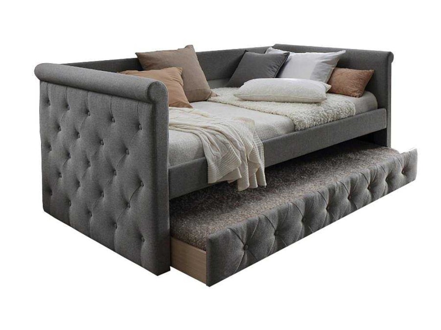 Vente-unique Bed Met Slaaplade | Bed Met Slaaplade Louise - 2 X 90 X 190 Cm - Grijze Stof