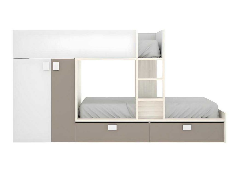 Vente-unique Kinderbed Stapelbed | Stapelbed Met Ingebouwde Kast En Opbergruimte 2X90X190Cm - Wit, Eiken En Taupe + Matras - Juanito