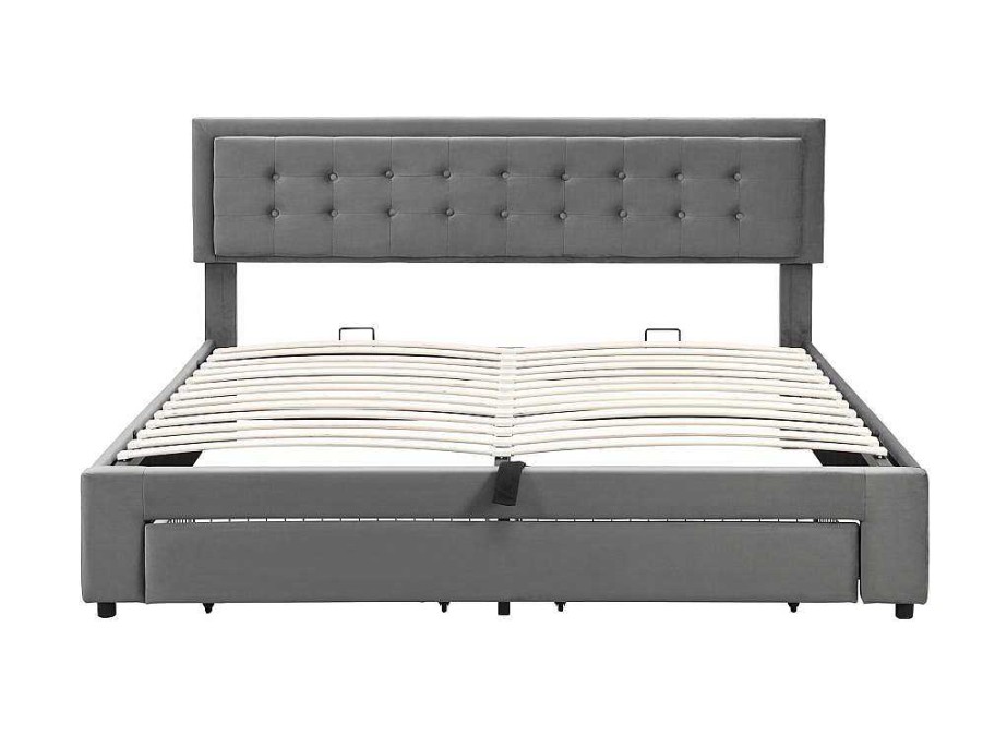 ModernLuxe Fluwelen Bed | Gewatteerd Opbergbed 160X200Cm In Fluweel Met Lade + Lattenbodem - Grijs (Zonder Matras)