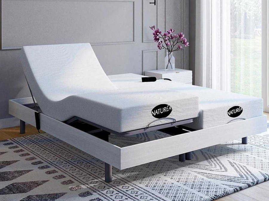 NATUREA Elektrisch Relaxatiebed | Elektrisch Bed - Bedbodem En Matras - Met Vormgeheugen En Bamboe Lysis Iii Van Naturea - Motoren Okin - 2 X 80 X 200 Cm - Wit