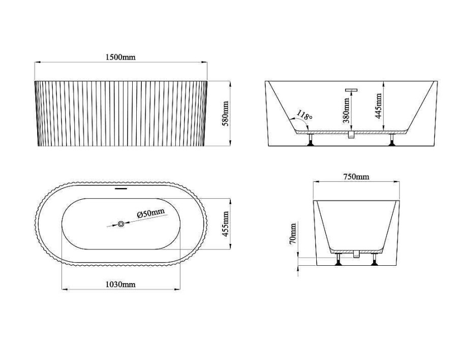 Shower & Design Vrijstaand Bad | Vrijstaand Geribbeld Acrylbad Wit (Glanzend) 220 Liter 150 X 75 X 58 Cm Aliena