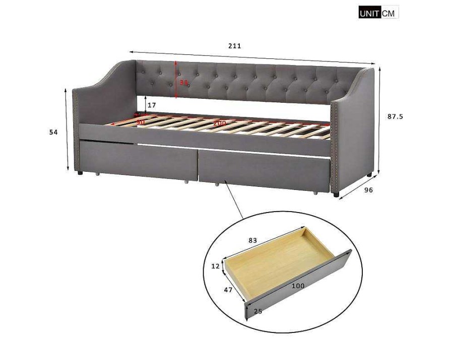 ModernLuxe Bed Met Slaaplade | Onderschuifbed, Linnen Slaapbank 90X200Cm Met 2 Lades En Lattenbodem En - Grijs