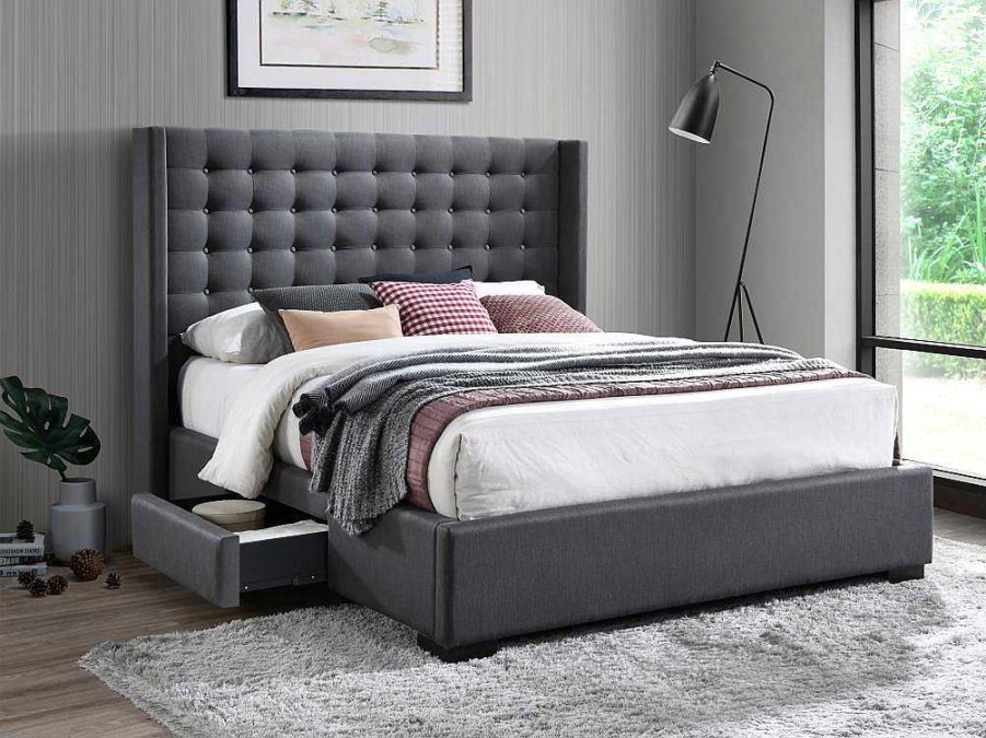 Vente-unique Tweepersoonsbed | Bed Gewatteerd Hoofdbord - Met Laden - 160 X 200 Cm - Stof Grijs - Leonce