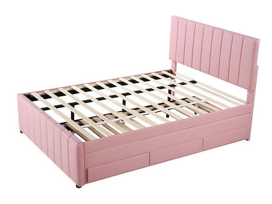 ModernLuxe Bed Met Slaaplade | Gestoffeerd Linnen Bed 140X200Cm - Met Onderschuifbed Op Wielen En 3 Lades - Roze