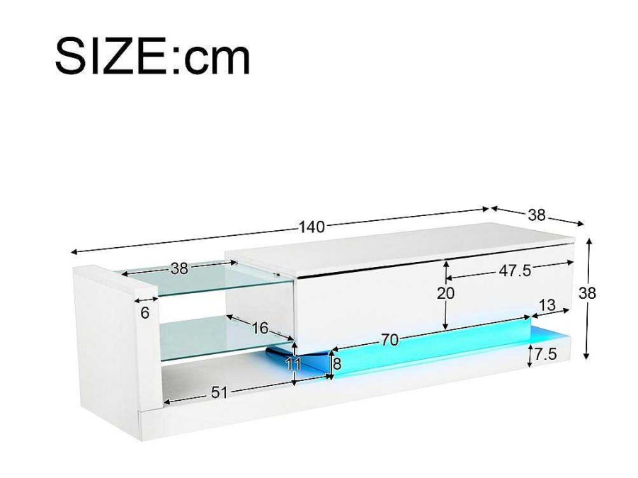 Vente-unique Tv-Meubel | Glanzend Tv-Meubel Met 2 Deuren En 2 Glazen Planken - Spaanplaat - Led'S - Wit