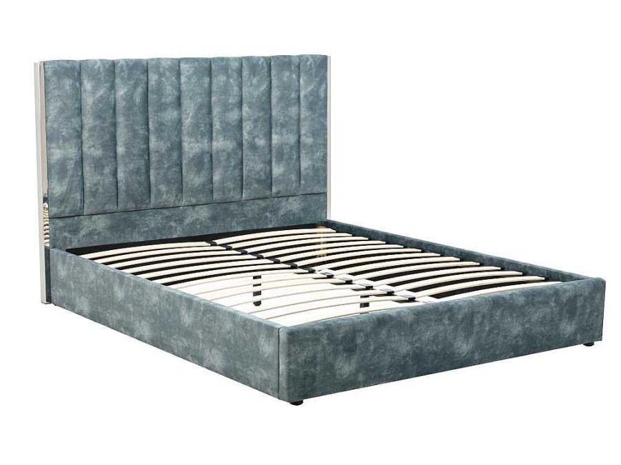 Vente-unique Fluwelen Bed | Bed 140 X 190 Cm Met Hoofdbord Met Verticale Stiksels - Velours - Groenblauw - Feroya