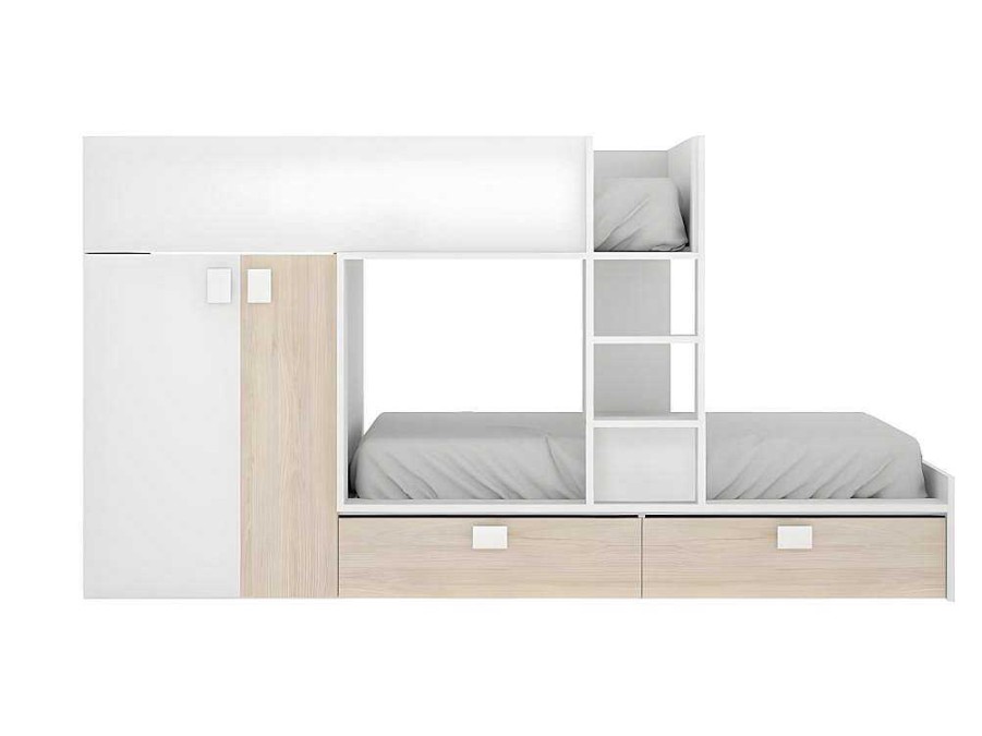 Vente-unique Kinderbed | Stapelbed Juanito - Ingebouwde Kast - 2X90X190Cm - Wit En Eiken