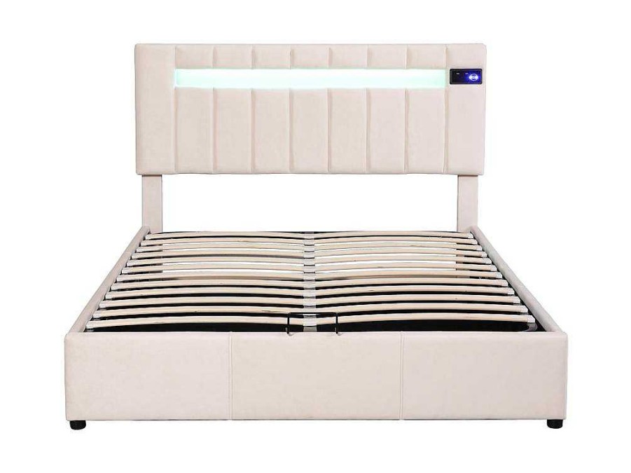 ModernLuxe Fluwelen Bed | Gestoffeerd Opbergbed 140X200Cm - Stof Fluweel - Met Led En Bluetooth Speler - Beige