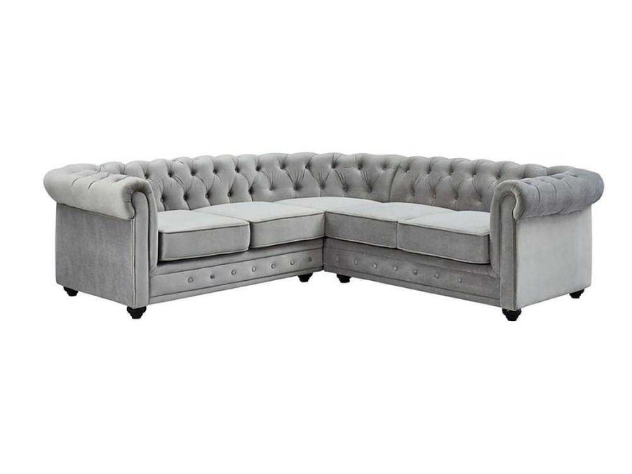 Vente-unique Chesterfield Zitbank | Hoekbank Van Fluweel Chesterfield - Zilvergrijs