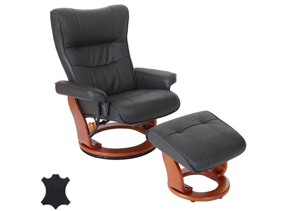 Vente-unique Fauteuil Leer | Edmonton Fauteuil Met Kruk, Zwart, Honingkleurig