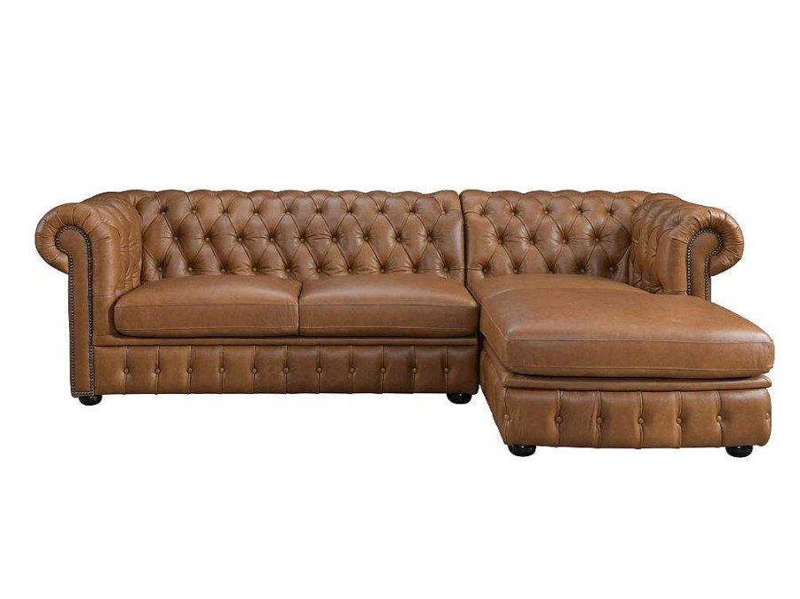 LINEA SOFA Chesterfield Zitbank | Hoekbank Chesterfield Brenton 100% Buffelleer - Hoek Rechts - Vintage Caramel