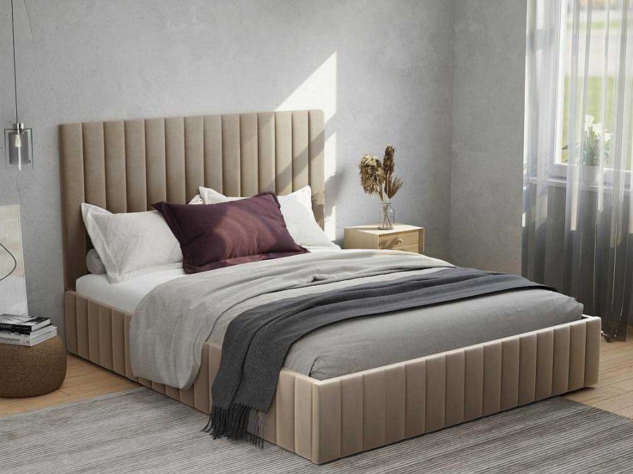 PASCAL MORABITO Fluwelen Bed | Kofferbed Met Hoofdbord Met Verticale Naden - 160 X 200 Cm - Velours - Taupe - Larali - Van Pascal Morabito