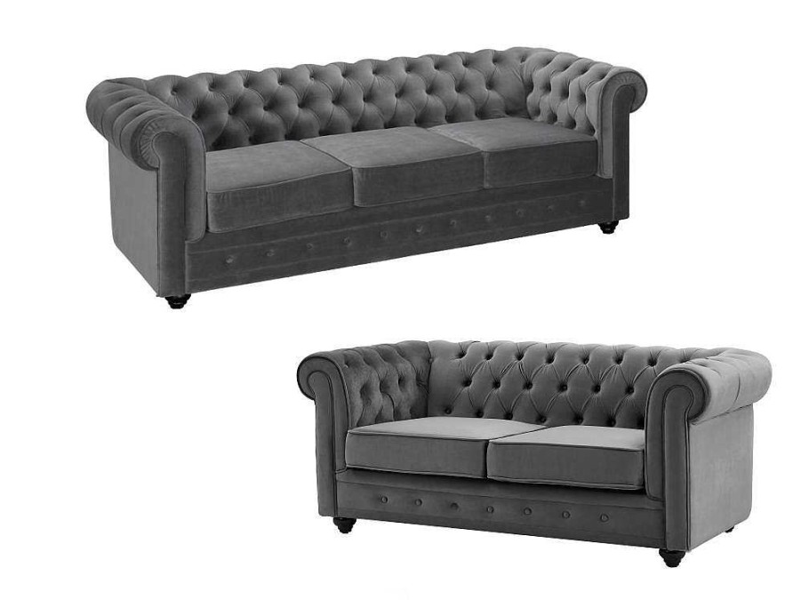 Vente-unique Bankstel 3+2 | Drie- En Tweezitsbank Van Antracietkleurig Velours Chesterfield