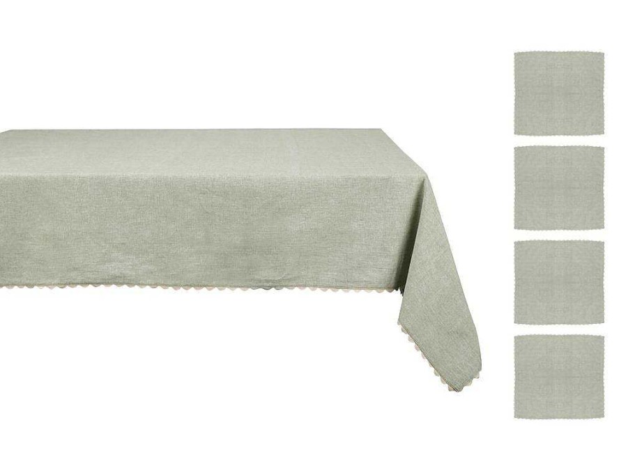 OZAIA Textiel Voor Eettafel | Tafelkleed + 4 Katoenen Servetten - Beige Rand - Groen - 140 X 240 Cm - Loania