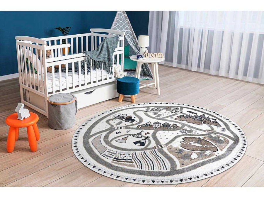 RugsX Tapijt Rond | Tapijt Fun Land Voor Kinderen, Dorp, Straten, Wiel - Creme Cercle 140 Cm