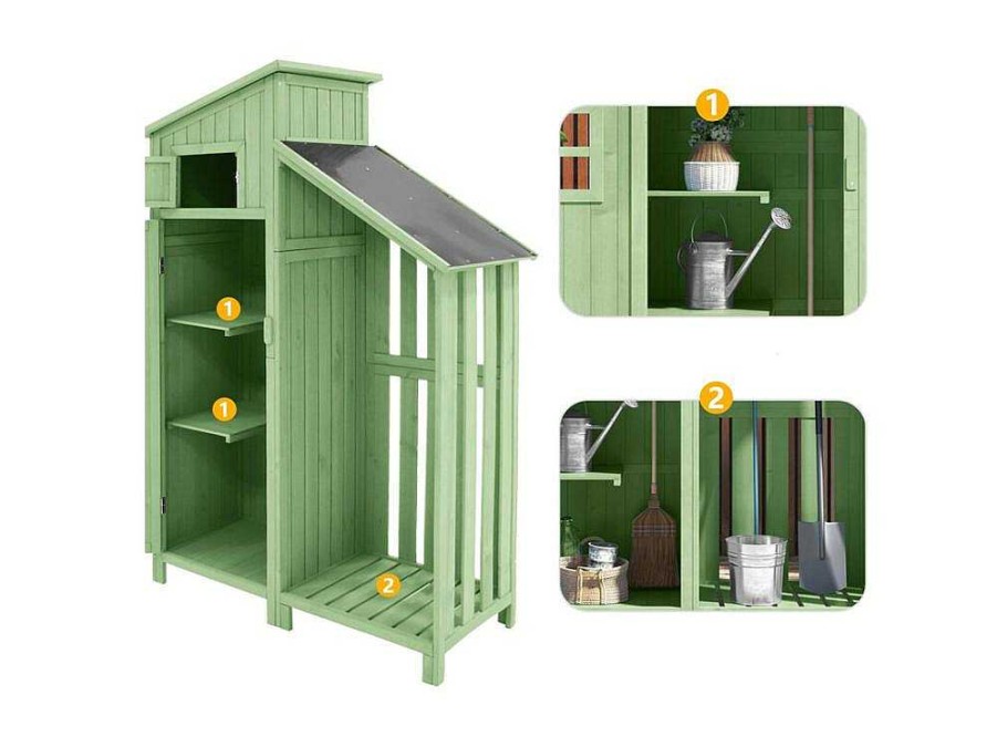 ModernLuxe Tuinhuis | Sparrenhouten Tuinhuis - Gereedschapsschuur Met 2 Geintegreerde Planken - H 173 Cm - Waterdicht Pvc Dak - Groen