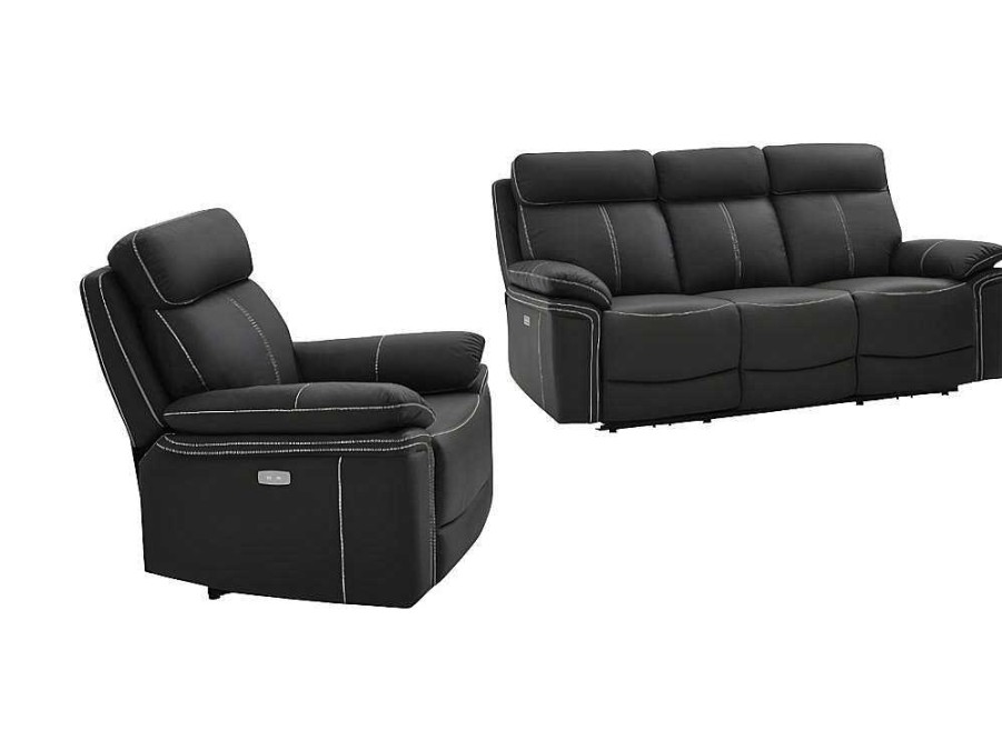 Vente-unique Set Zitbank + Fauteuil | Elektrische Driezits Relaxbank + Relaxstoel Van Leer Isiris - Zwart