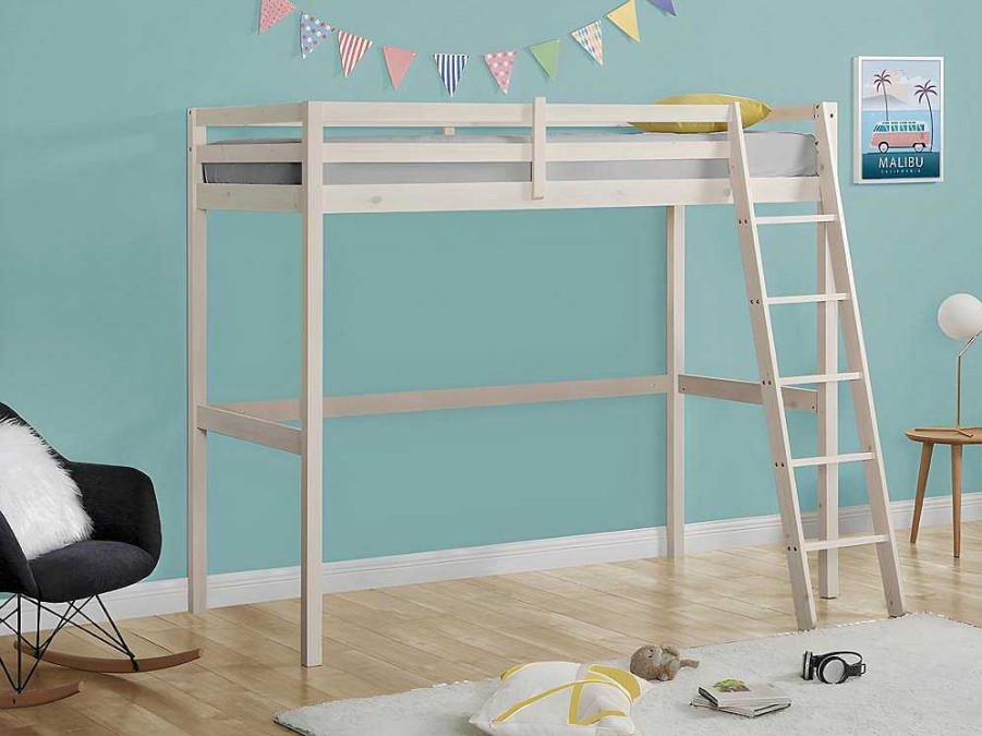 Vente-unique Kinderbed Hoogslaper | Hoogslaper Gedeon Ii - 90 X 190 Cm - Massief Grenen - Gebleekt + Matras