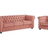 Vente-unique Set Zitbank + Fauteuil | Driezitsbank En Fauteuil Chesterfield - Fluweel - Pastel Roze