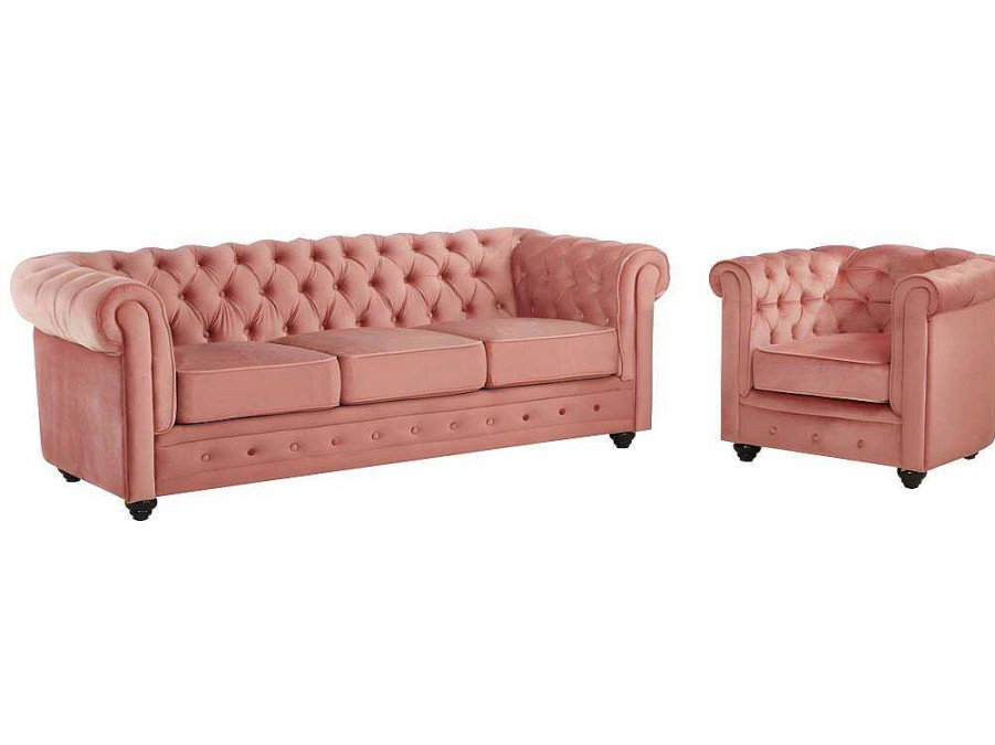 Vente-unique Set Zitbank + Fauteuil | Driezitsbank En Fauteuil Chesterfield - Fluweel - Pastel Roze