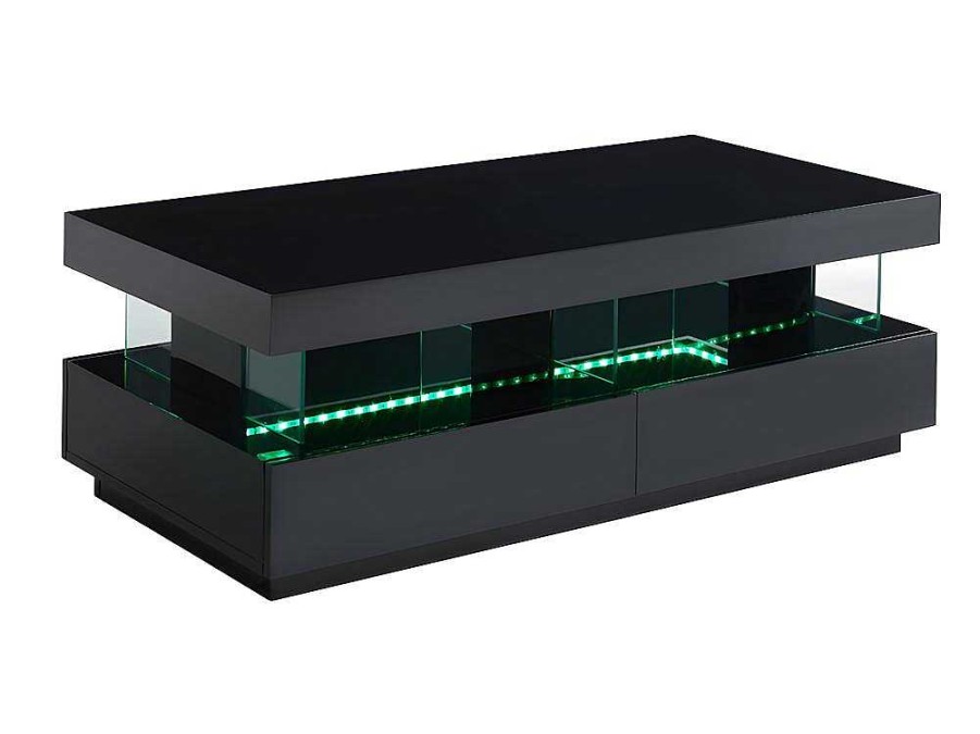 Vente-unique Salontafel | Salontafel Fabio - Zwart Gelakt Mdf - Met Leds - 2 Lades En 2 Nissen