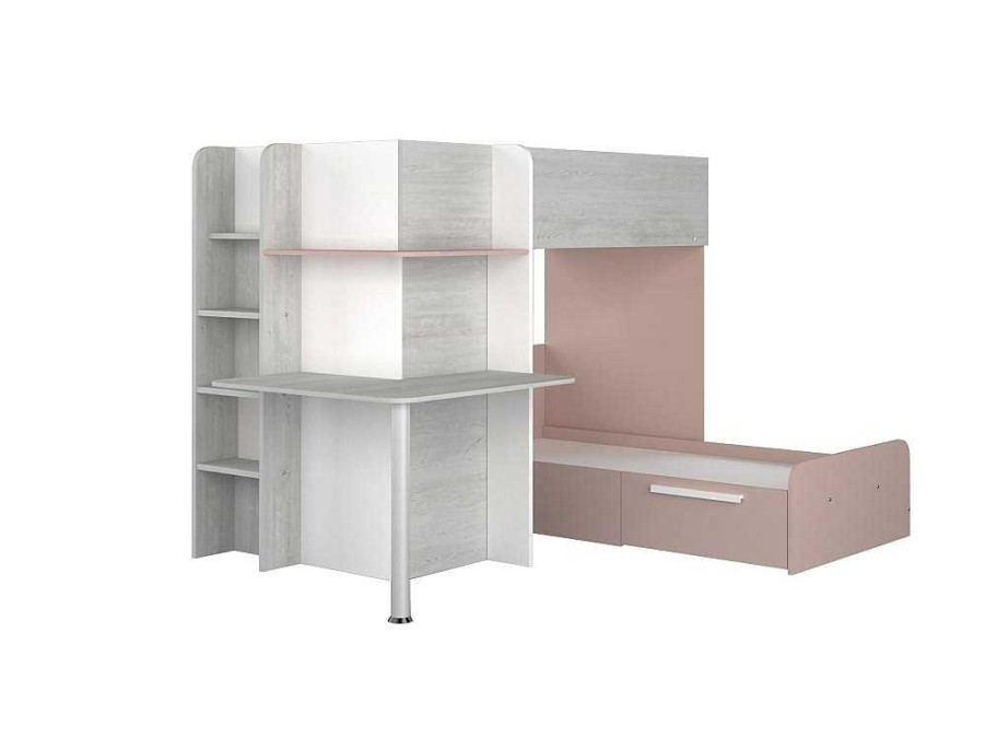 Vente-unique Kinderbed Stapelbed | Hoekstapelbed 2 X 90 X 190 Cm - Met Bureau - Grijs, Wit En Roze + Matras - Samuel