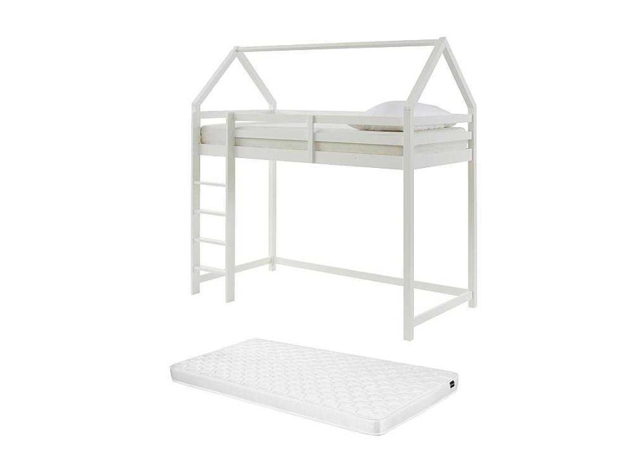 Vente-unique Kinderbed Hoogslaper | Hoogslaper 90 X 190 Cm - Grenen - Wit + Matras - Tarzia