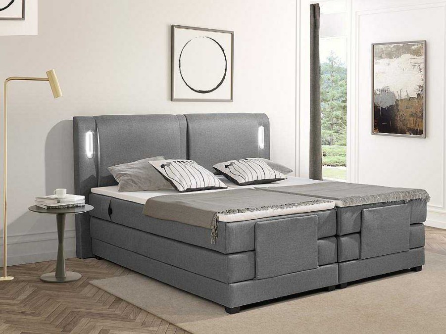 Palacio Elektrisch Relaxatiebed | Set Boxspring + Hoofdbord Met Ledlampjes + Elektrische Relaxbedbodems + Matras + Topmatras - 2 X 80 X 200 Cm - Grijze Stof - Astemi Van Palacio