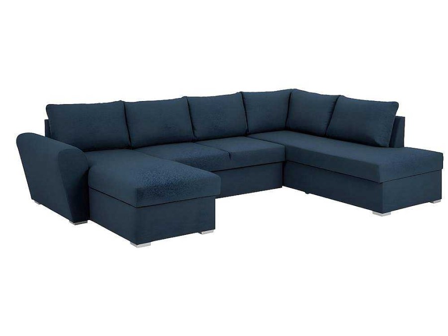 Vente-unique Stoffen Zitbank | Stan Slaapbank, Hoek Rechts Met Chaise Longue Links, In Blauw.