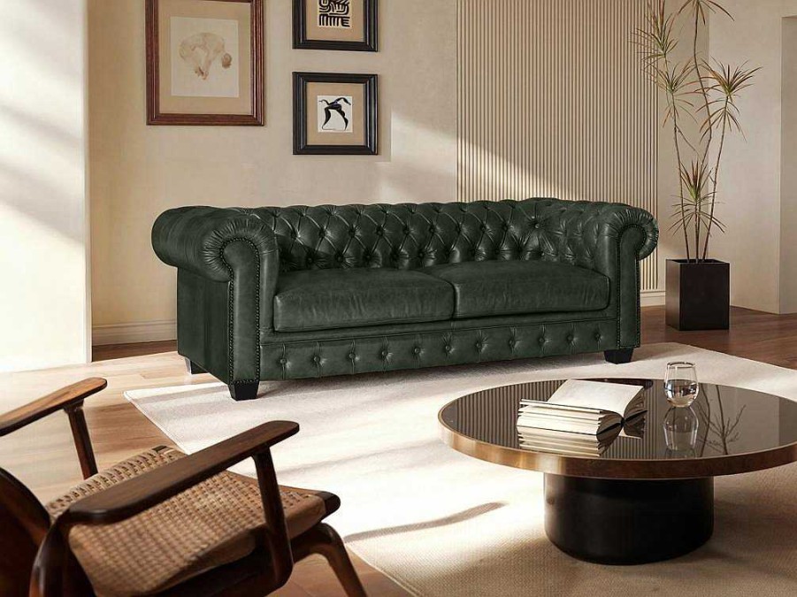 LINEA SOFA Chesterfield Zitbank | Driezitsbank Chesterfield Brenton 100% Buffelleer - Empire Groen